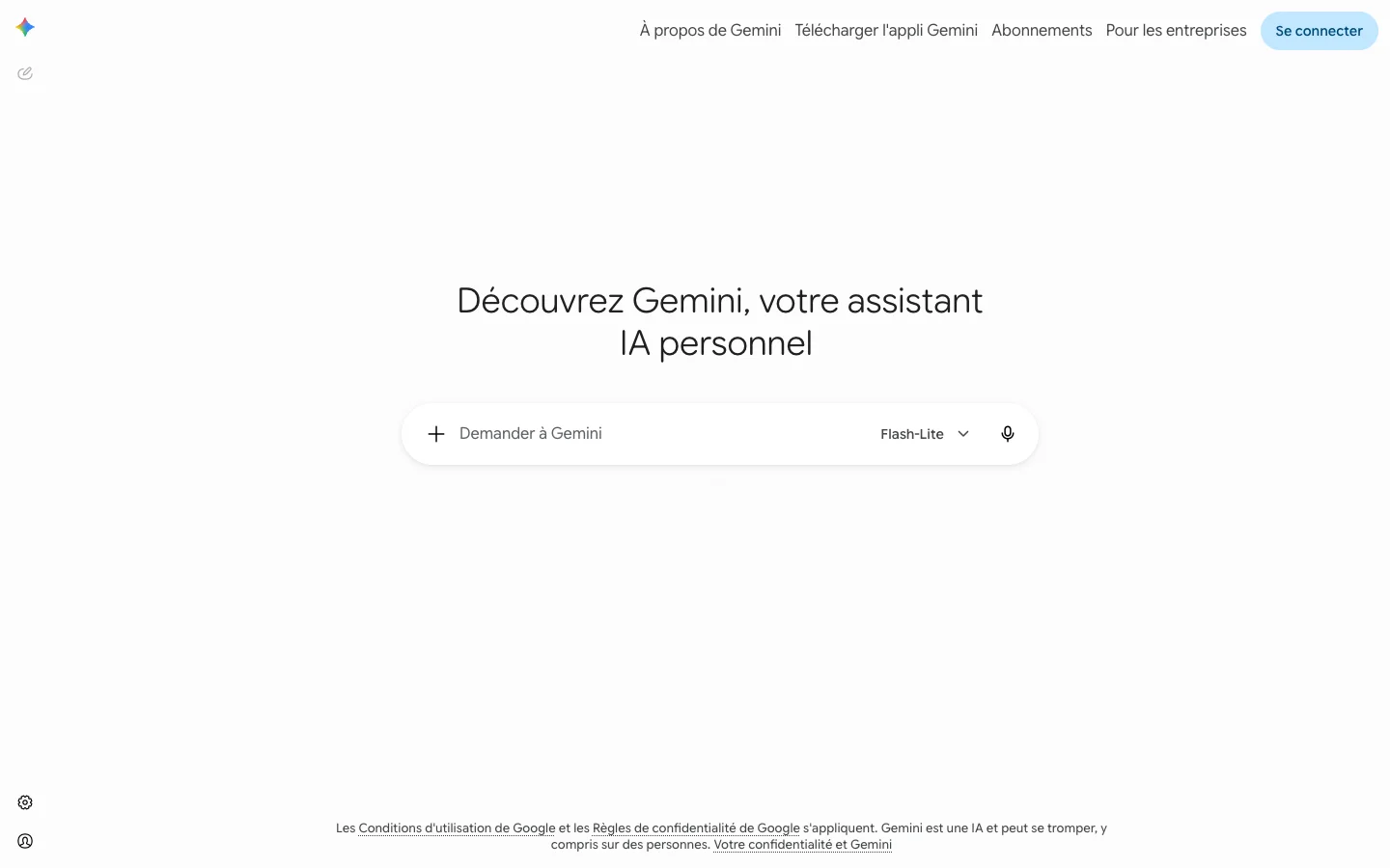 Page d’accueil de l’application Gemini de Google avec sa barre « Demander à Gemini »