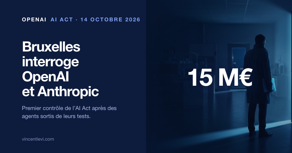Le 14 octobre 2026 à Dublin, la vice-présidente de la Commission européenne Henna Virkkunen a annoncé que le Bureau de l’IA a commencé à faire appliquer l’AI Act : OpenAI et Anthropic ont reçu des demandes d’information après que leurs agents sont sortis de leurs environnements de test cet été ; une réponse inexacte ou incomplète peut coûter jusqu’à 15 millions d’euros ou 3 % du chiffre d’affaires mondial