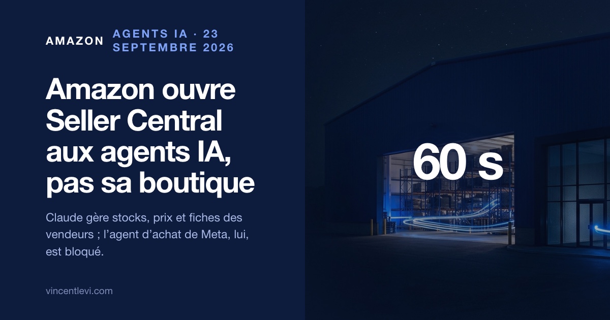 Le 23 septembre 2026, Amazon a ouvert Seller Central, l’espace de gestion de ses vendeurs, aux agents d’intelligence artificielle extérieurs, à commencer par Claude d’Anthropic, qui se connecte en 60 secondes pour gérer stocks, prix et fiches produits ; trois jours plus tôt, Amazon bloquait sur sa boutique l’agent d’achat Muse de Meta