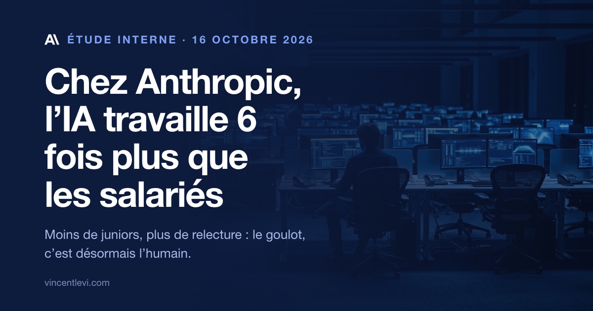Le 16 octobre 2026, Anthropic a publié une étude sur ses propres salariés : en août, les agents IA lancés par chaque employé ont tourné six fois plus d’heures que lui, la part des juniors dans les embauches techniques est tombée de 27 % à 9 %, et le temps passé à relire, attendre et coordonner est devenu le principal goulot