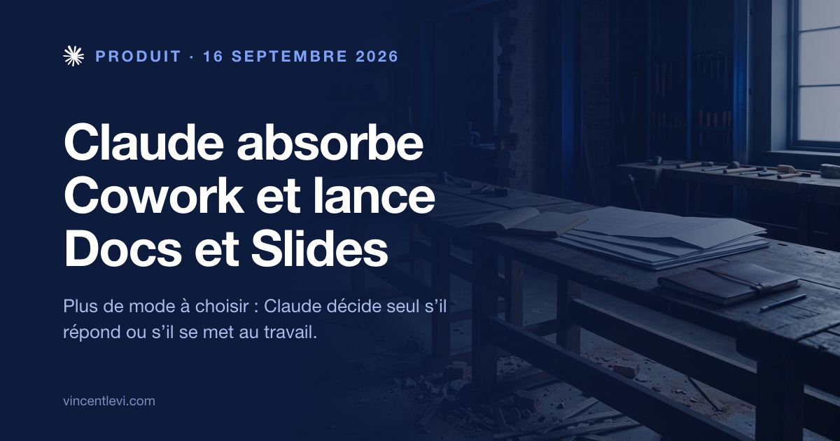 Le 16 septembre 2026, Anthropic a fusionné Claude Cowork dans la conversation Claude : il n’y a plus de mode à choisir, et Claude Docs, Claude Slides et Claude Design sont accessibles en bêta depuis n’importe quelle conversation sur les forfaits payants