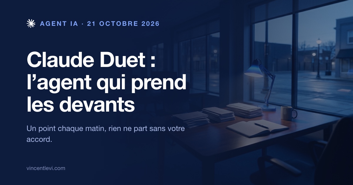 Le 21 octobre 2026, Anthropic a présenté Claude Duet, un agent IA proactif fondé sur Claude Opus 5.5 et conçu pour les indépendants et les petites entreprises : il envoie un point chaque matin, surveille les applications connectées et demande l’accord de l’utilisateur avant d’envoyer, de payer, de signer ou de supprimer ; l’aperçu est réservé aux abonnés Pro et Max aux États-Unis