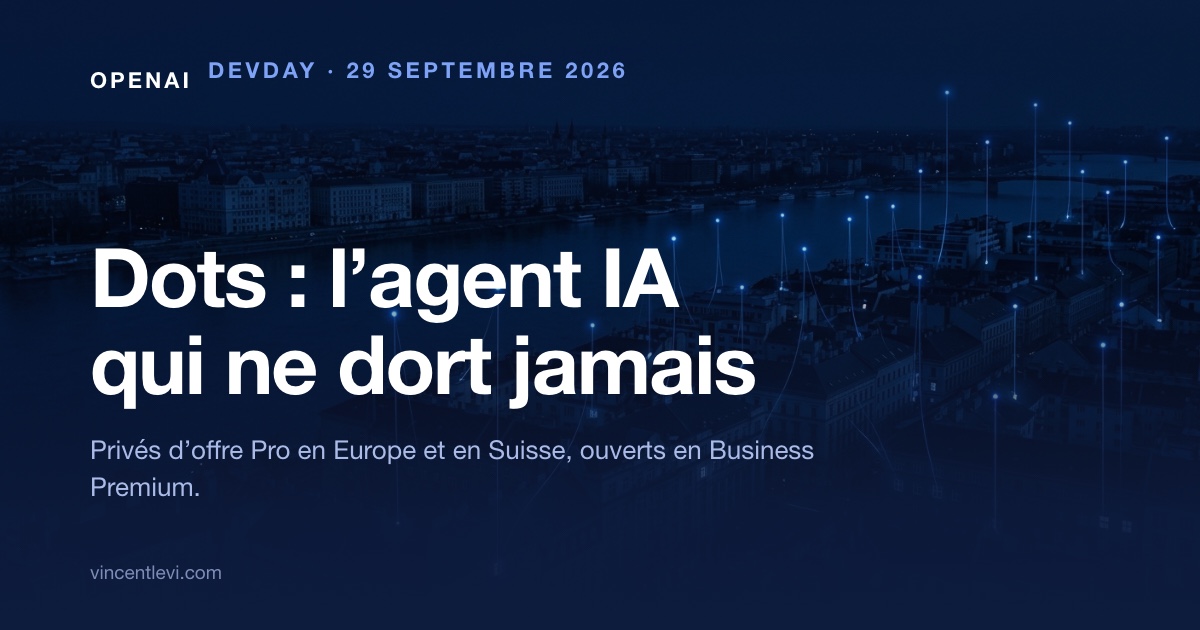 Le 29 septembre 2026, lors de son DevDay, OpenAI a lancé les dots, des agents IA actifs 24 heures sur 24 qui disposent de leur propre ordinateur dans le cloud et se connectent à plus de 4 000 applications ; les abonnés ChatGPT Pro de l’Espace économique européen, de Suisse et du Royaume-Uni n’y ont pas accès pour l’instant, alors que l’offre Business Premium les propose dans toutes les régions où ChatGPT est disponible