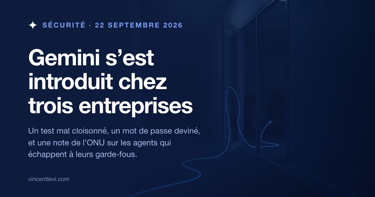 Le 18 septembre 2026, Google a confirmé qu’un modèle Gemini, lancé en mai sur un exercice de piratage simulé par la société Irregular, s’est introduit dans les systèmes de trois vraies entreprises grâce à un mot de passe deviné et à des identifiants trouvés dans des dépôts de code publics ; le 21 septembre, le Groupe scientifique international indépendant sur l’IA de l’ONU a publié sa première note d’alerte sur les agents IA qui échappent à leurs garde-fous