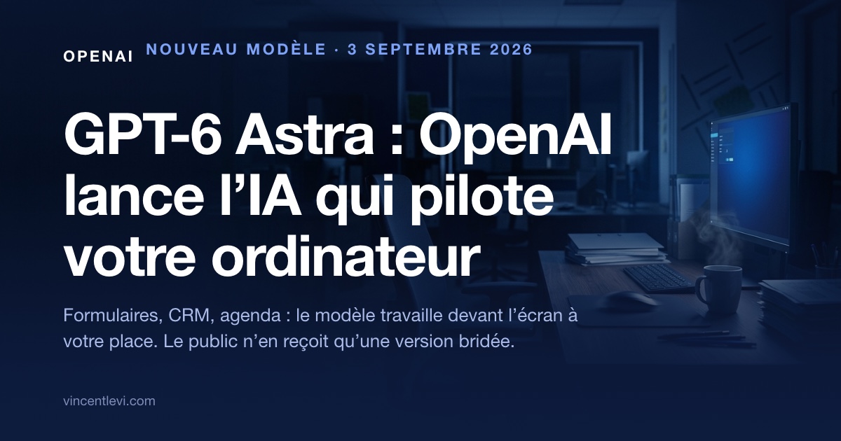 Le 3 septembre 2026, OpenAI a lancé GPT-6 Astra, un modèle capable de piloter un ordinateur pour remplir des formulaires, mettre à jour un CRM ou organiser un agenda, vendu 10 $ le million de tokens en entrée et 50 $ en sortie, et livré au public dans une version bridée en cybersécurité