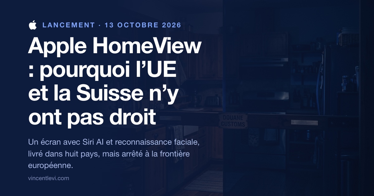 Le 13 octobre 2026, Apple a présenté HomeView, un écran domestique de 7 pouces à 299 dollars qui reconnaît jusqu’à six visages et embarque Siri AI ; il sera livré le 13 novembre dans huit pays, dont le Royaume-Uni, mais pas dans l’Union européenne, où Siri AI reste absent des iPhone à cause du bras de fer entre Apple et la Commission sur le Digital Markets Act, et la Suisse n’a ni date ni prix