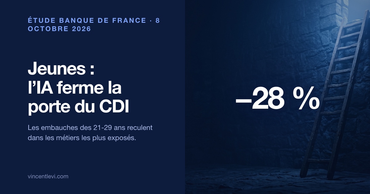 Selon une étude de la Banque de France et d’HEC publiée le 8 octobre 2026, les embauches en CDI des 21-29 ans dans les métiers les plus exposés à l’IA générative se situaient en mars 2026 environ 28 % sous leur niveau de novembre 2022, contre 8 % dans les métiers les moins exposés