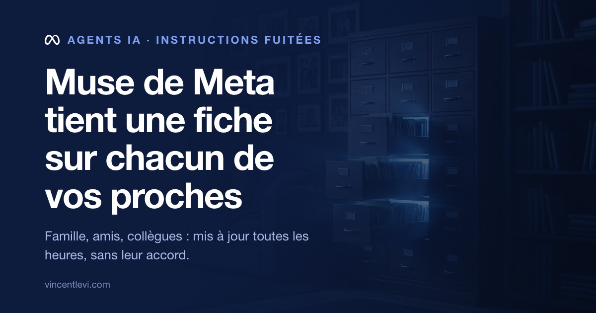 Les instructions internes de Muse, l’agent IA personnel lancé par Meta en septembre 2026 aux États-Unis et au Canada, lui demandent de tenir une fiche sur chaque personne de la vie de l’utilisateur — famille, amis, collègues — mise à jour toutes les heures, et posent que l’autorité de l’utilisateur sur son foyer passe avant les garde-fous de sécurité