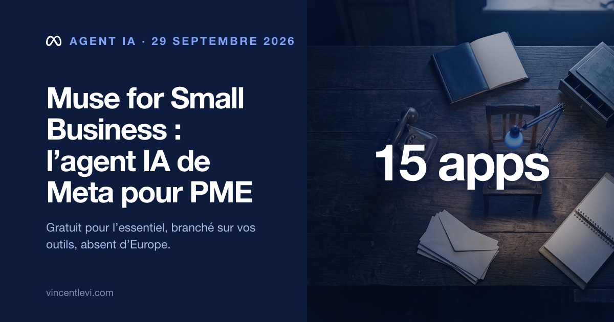 Le 29 septembre 2026, Meta a annoncé Muse for Small Business, la déclinaison pour petites entreprises de son agent IA Muse : il se relie aux comptes professionnels Facebook, Instagram et Meta Ads ainsi qu’à 15 outils comme Shopify, Stripe, QuickBooks et Slack pour analyser les ventes, préparer les campagnes et surveiller les finances ; gratuit pour la plupart des usages, il n’est proposé qu’aux États-Unis et au Canada, sans date annoncée pour l’Europe