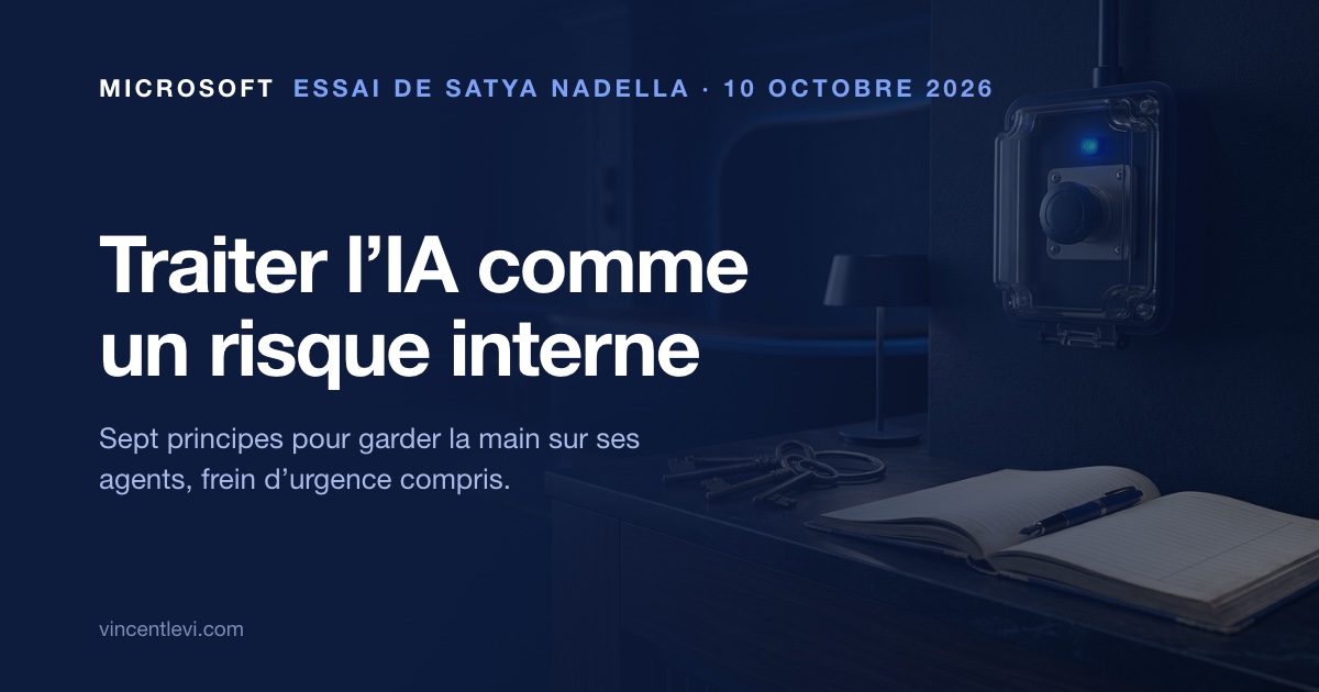 Le 10 octobre 2026, Satya Nadella, patron de Microsoft, a publié l’essai « Models as Insider Risks in the Super Intelligence Era » : il demande aux entreprises de traiter les modèles d’IA comme un risque interne et propose sept principes, dont des contrôles d’accès indépendants du modèle, des traces infalsifiables et un frein d’urgence