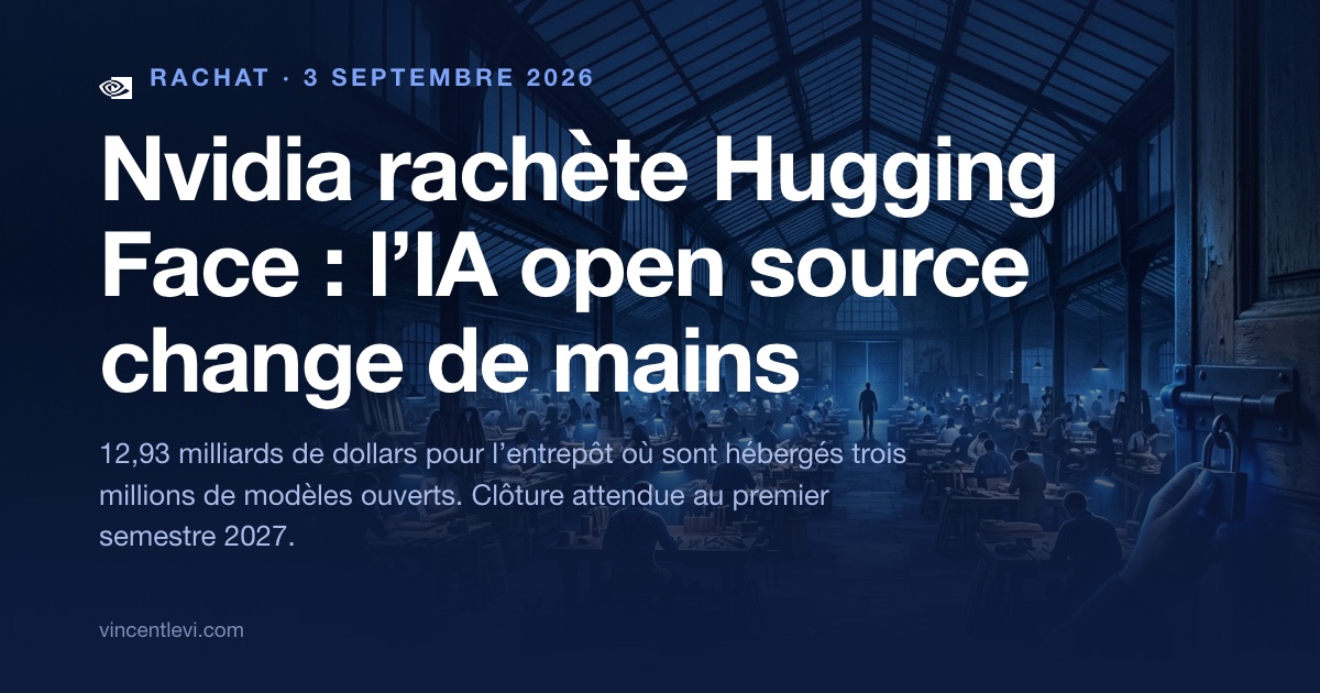 Le 3 septembre 2026, Nvidia a signé un accord définitif pour racheter Hugging Face, la plateforme où sont hébergés trois millions de modèles d’intelligence artificielle ouverts, pour 12,93 milliards de dollars, avec une clôture attendue au premier semestre 2027 sous réserve de l’accord des régulateurs