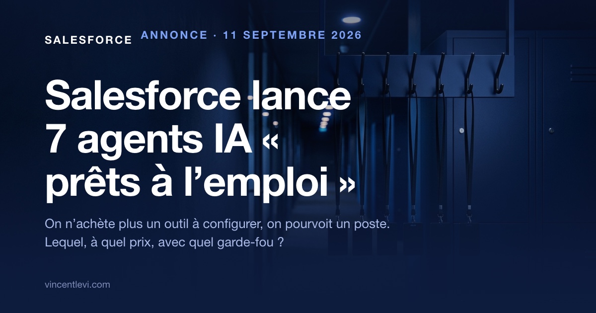 Le 11 septembre 2026, Salesforce a présenté sept agents d’intelligence artificielle dotés chacun d’un prénom et d’une fonction précise, service client, ventes, commerce, RH ou logistique, vendus comme des postes à pourvoir plutôt que comme des outils à configurer