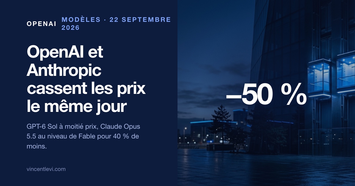 Le 22 septembre 2026, le même jour, OpenAI a lancé GPT-6 Sol et GPT-6 Luna à moitié prix par rapport à la génération 5.6, soit 2 dollars le million de tokens en entrée et 10 dollars en sortie pour Sol, tandis qu’Anthropic lançait Claude Opus 5.5, au niveau de Claude Fable 5.1 sur la plupart des tâches et 40 % moins cher à faire tourner qu’Opus 5