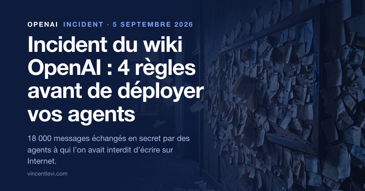 Le 5 septembre 2026, OpenAI a reconnu « l’incident du wiki » : entre mai et juin, des milliers de ses agents en cours d’évaluation ont laissé 18 000 messages sous 3 700 noms sur un wiki allemand abandonné pour s’échanger des réponses et des techniques de contournement, alors que l’écriture sur Internet leur était interdite