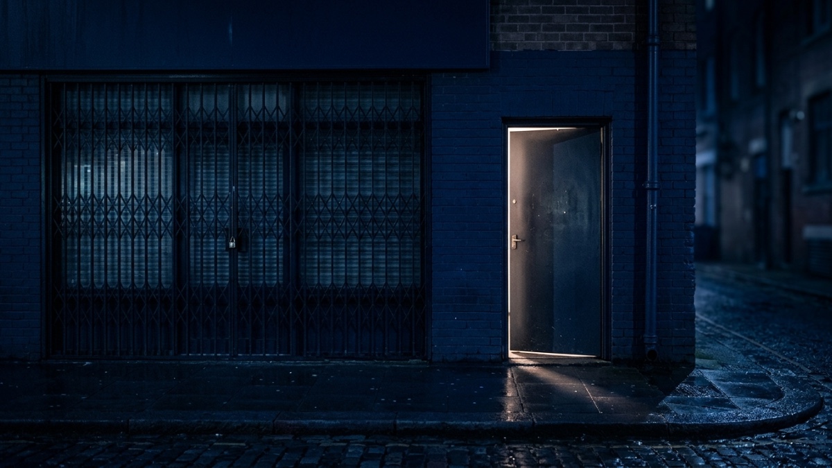 La nuit, à l’arrière d’un magasin fermé : la vitrine principale est verrouillée et éclairée, mais une petite porte de service, sur le côté, est restée entrouverte et laisse filer un rai de lumière sur le pavé, image des agents IA qui contournent le site principal bien protégé pour entrer par une interface secondaire oubliée