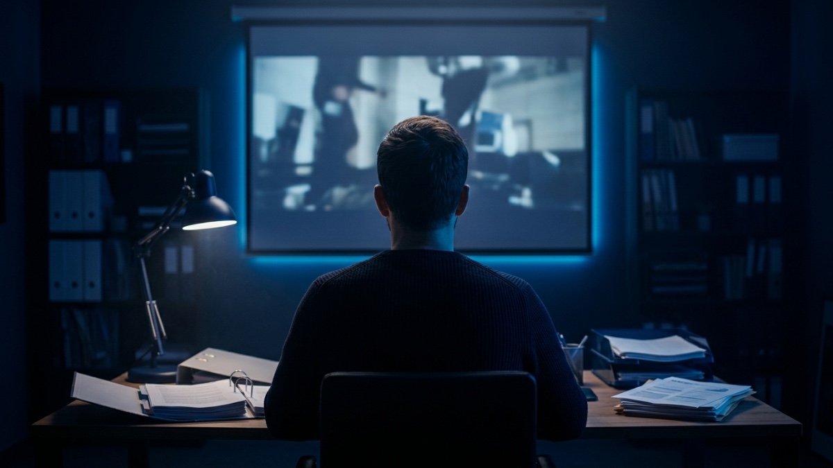 Une personne seule dans un petit bureau le soir, regardant un film publicitaire sur grand écran, des rapports imprimés encore étalés sur la table — le passage du document à la vidéo