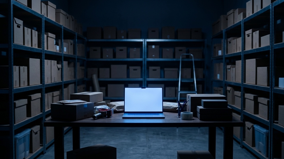 Un petit entrepôt de vendeur indépendant la nuit : étagères de cartons étiquetés, et sur un bureau, un ordinateur portable resté ouvert qui éclaire seul la pièce