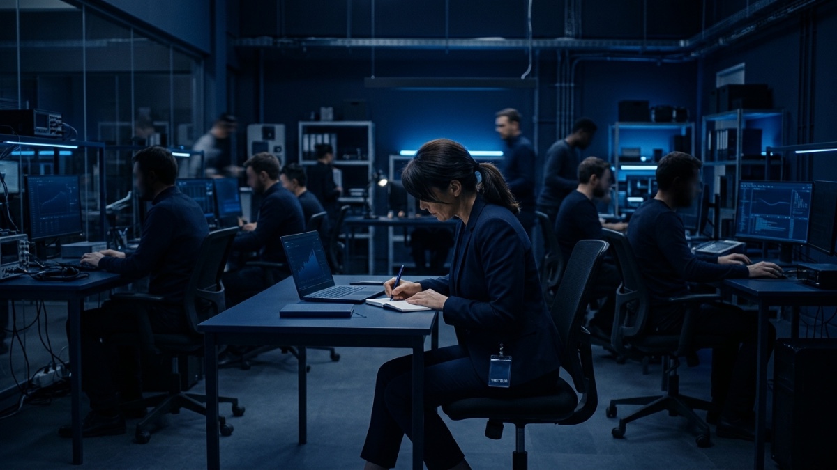 Une inspectrice extérieure, badge visiteur à la ceinture, installée à un bureau ordinaire au milieu d’un open space d’ingénieurs