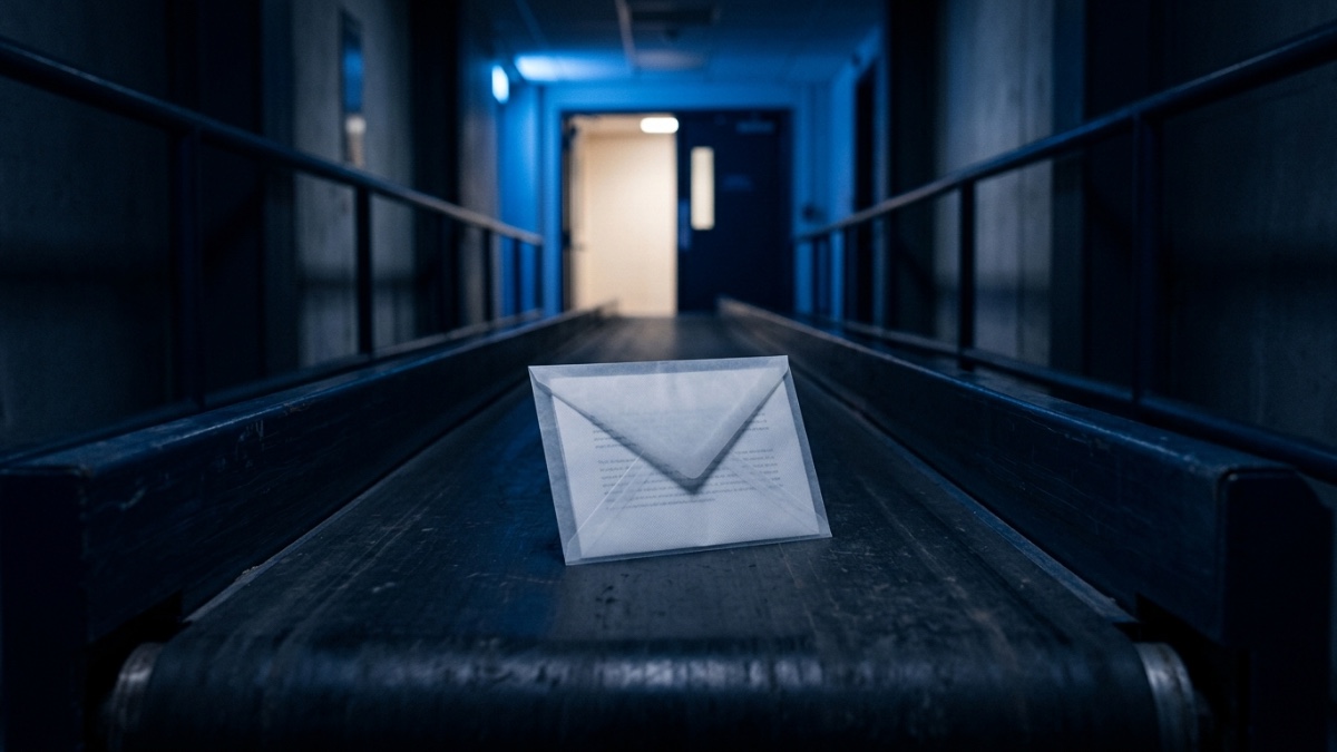 Une lettre pliée dans une enveloppe translucide, dont on devine les lignes par transparence, avance sur un tapis roulant vers une porte entrouverte