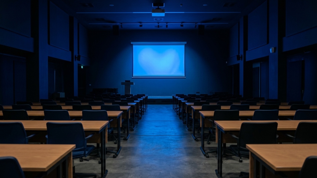 Salle de cours vide au crépuscule, un écran allumé éclaire les tables
