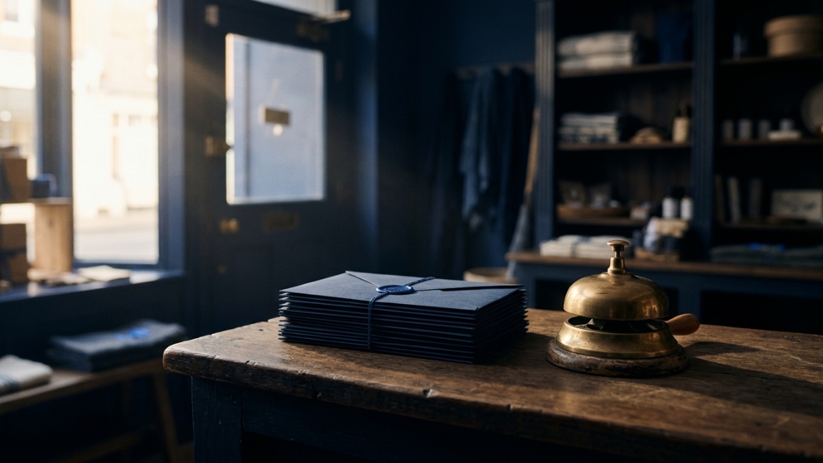 Sur le comptoir d’une petite boutique encore fermée, une pile de lettres déjà rédigées et mises sous enveloppe attend à côté d’une sonnette de réception ; aucune n’est encore partie, image d’un agent IA qui prépare le travail mais attend l’accord de son utilisateur avant d’envoyer