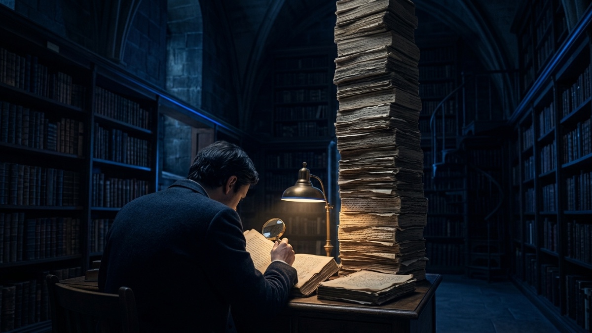 Un relecteur seul dans une bibliothèque, une loupe à la main, devant une pile de feuillets qui monte jusqu’au plafond