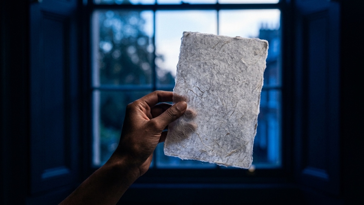 Feuille tenue devant une fenêtre, sa texture apparaît en transparence