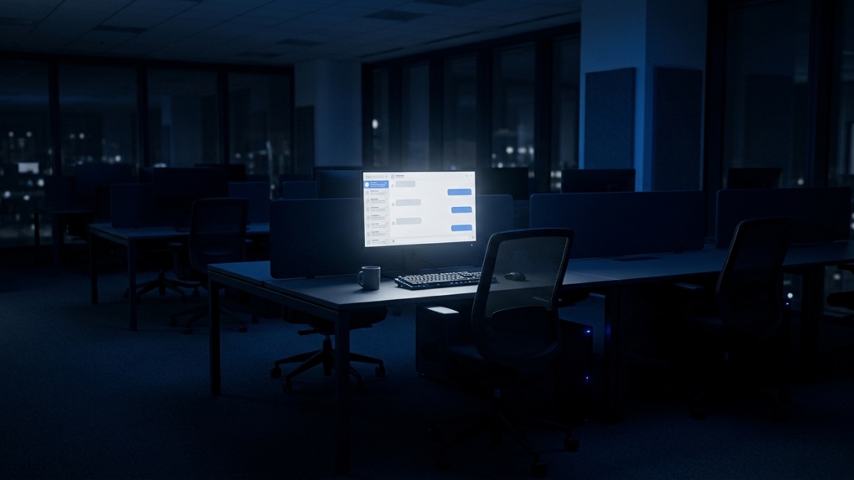 Un bureau de PME vide, tard le soir : sur l’écran d’un ordinateur resté allumé, la fenêtre d’un assistant IA fait défiler des réponses toute seule, personne n’est assis devant le clavier