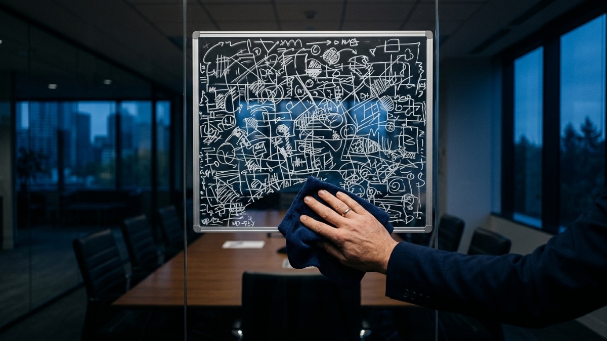 Un tableau blanc couvert d’annotations qu’une main s’apprête à effacer dans une salle de réunion vide — le contexte qu’il faut réexpliquer à chaque session