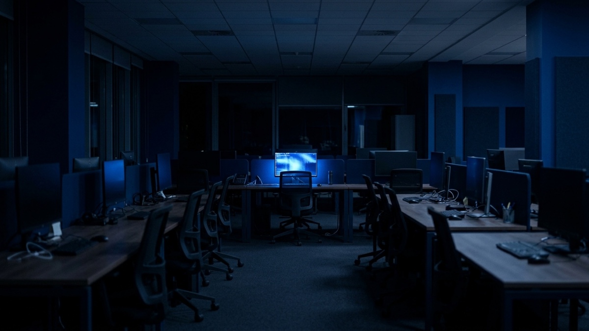 L’open space d’une petite entreprise le soir, toutes les chaises vides et les lumières éteintes, un seul écran encore allumé au milieu des bureaux