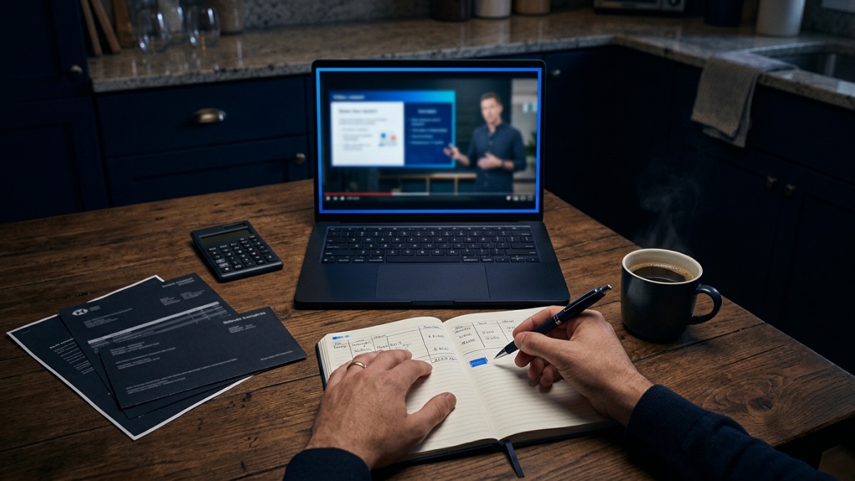 Vue de dessus d’une table de cuisine le soir : un ordinateur portable ouvert sur une leçon en vidéo, une calculatrice, des relevés bancaires étalés, une tasse de café et deux mains qui posent un chiffre dans un carnet de comptes — le budget formation d’une indépendante