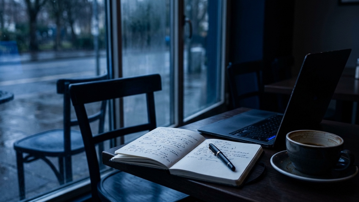 Sur la table d’un café le matin, un carnet ouvert couvert de notes manuscrites et de flèches, un stylo posé dessus, à côté d’un ordinateur portable ouvert et d’une tasse : les idées notées à la main avant de passer à l’outil
