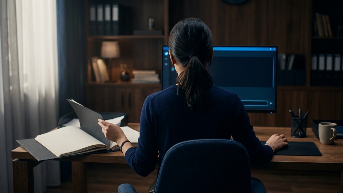 Une employée de PME dans un petit bureau, la main immobile sur la souris, entre un écran affichant une fenêtre de discussion et un classeur de dossiers clients ouvert sur le bureau — le choix d’envoyer ou non ses données