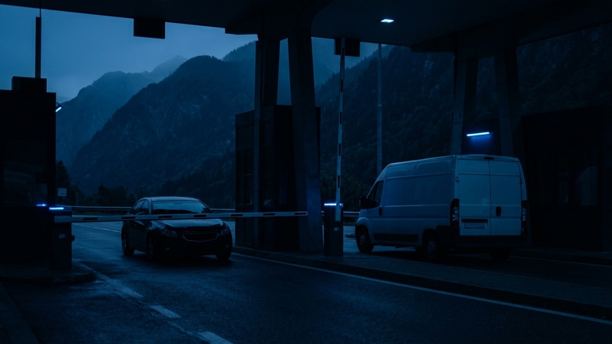 À l’aube, un poste-frontière de montagne à deux voies : une barrière baissée devant une voiture seule à l’arrêt, et sur la voie voisine une barrière levée qui laisse passer une camionnette d’entreprise