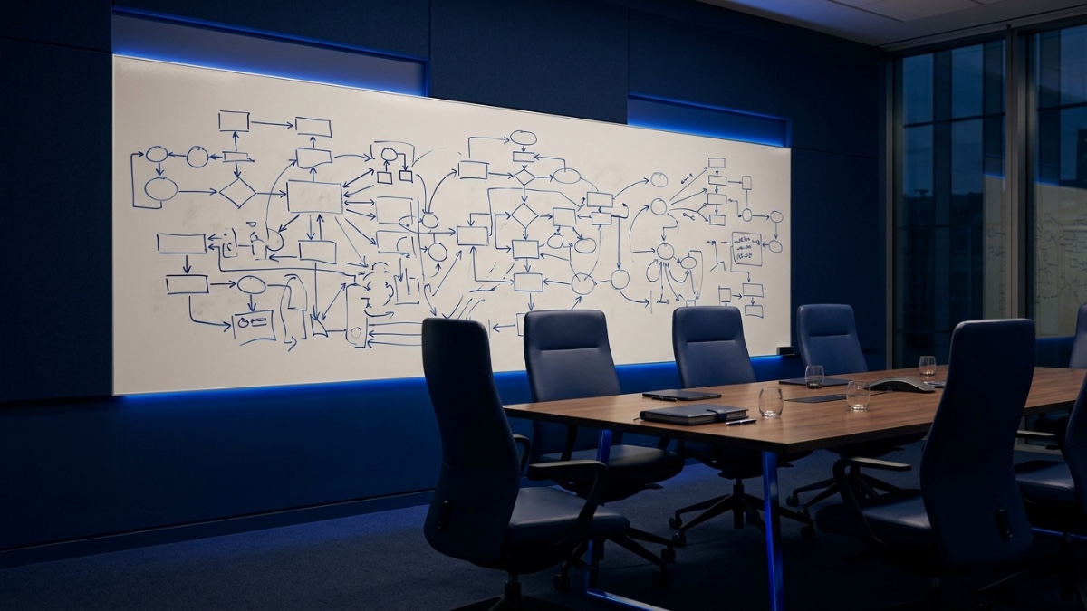Salle de réunion en fin de journée, tableau blanc couvert de schémas de processus — l’atelier où une équipe cartographie ses tâches avant de se former à l’IA