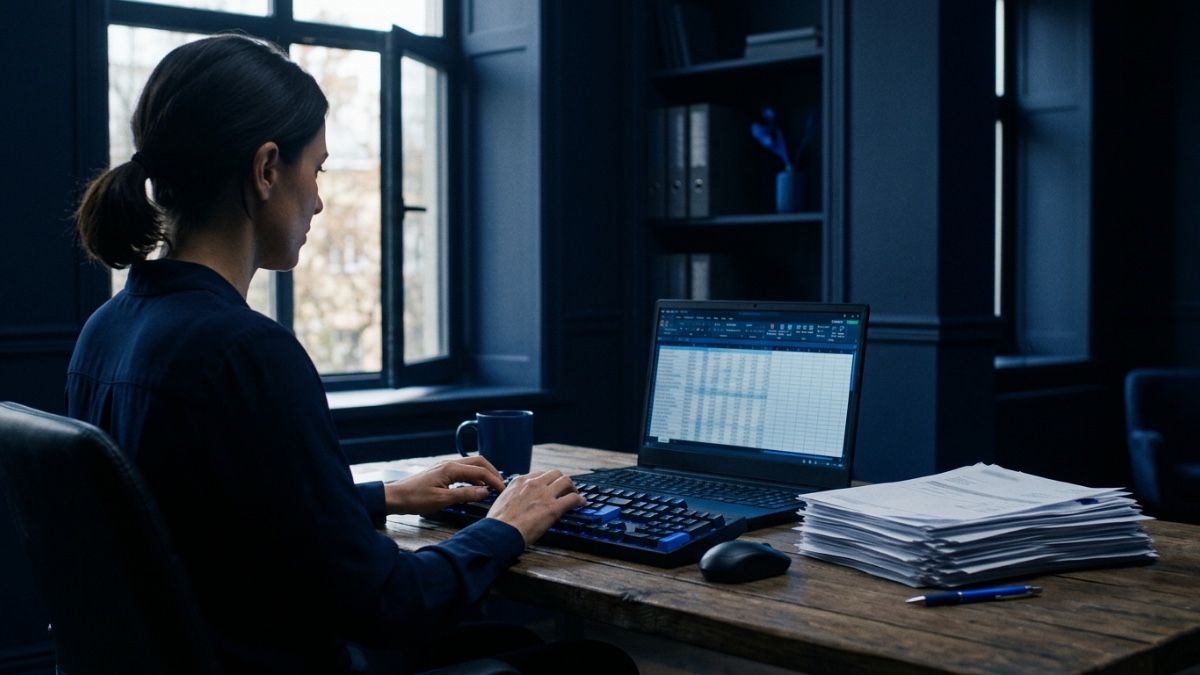 Une comptable de PME à son bureau, un tableur ouvert à l’écran et une pile de factures à côté d’elle, dans la lumière du matin
