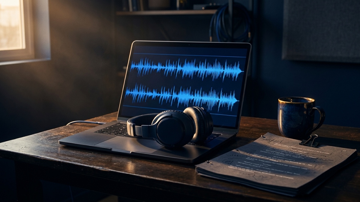 Un petit bureau en fin d’après-midi : un casque audio posé sur un ordinateur portable qui affiche une forme d’onde, à côté d’un script imprimé annoté au crayon