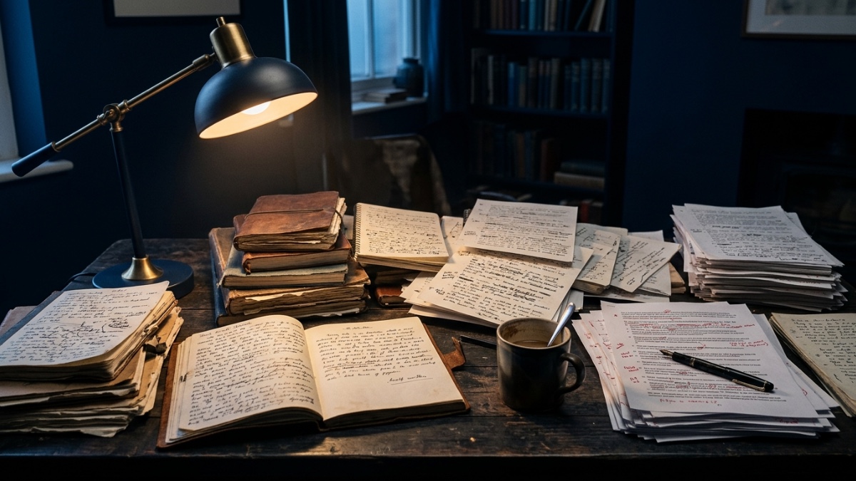 Le bureau d’un écrivain au petit matin : carnets manuscrits empilés et raturés, feuillets annotés à la main, une lampe encore allumée