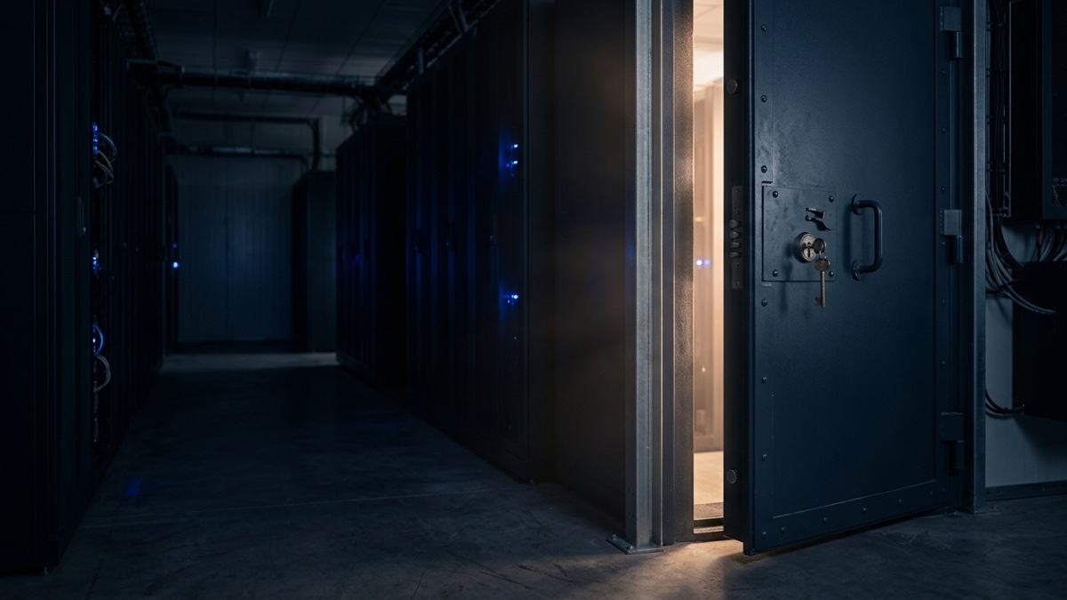 Un couloir de centre de données, une porte blindée entrouverte d’où filtre une lumière chaude, une clé restée dans la serrure