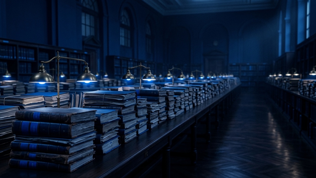 Une salle d’archives aux longues tables couvertes de piles de dossiers — le type de volume documentaire que la baisse des tarifs met à portée des modèles d’IA les plus puissants