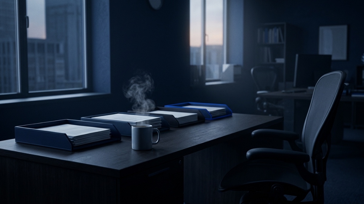 Au petit matin, sur le bureau vide d’une petite entreprise, le courrier et les bons de commande de la nuit sont déjà rangés dans des corbeilles de couleur, à côté d’une tasse de café encore fumante