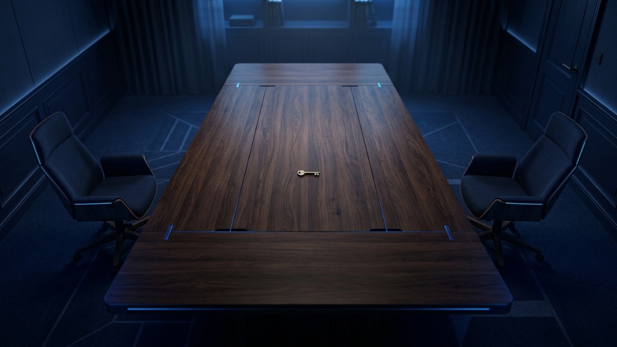 Une longue table de négociation vide vue de dessus, deux chaises face à face et une clé posée au centre, hors de portée des deux — le bras de fer entre Apple et la Commission européenne sur Siri AI