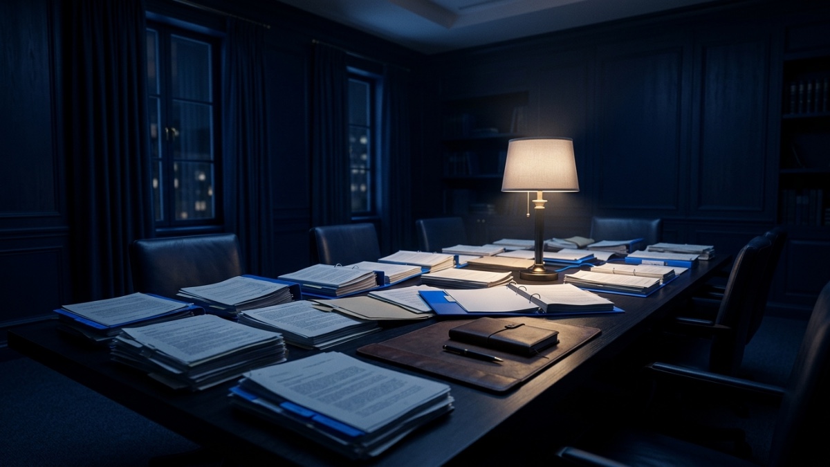 Une salle de réunion de cabinet juridique tard le soir, la table couverte de classeurs de contrats ouverts, une seule lampe allumée au bout de la table