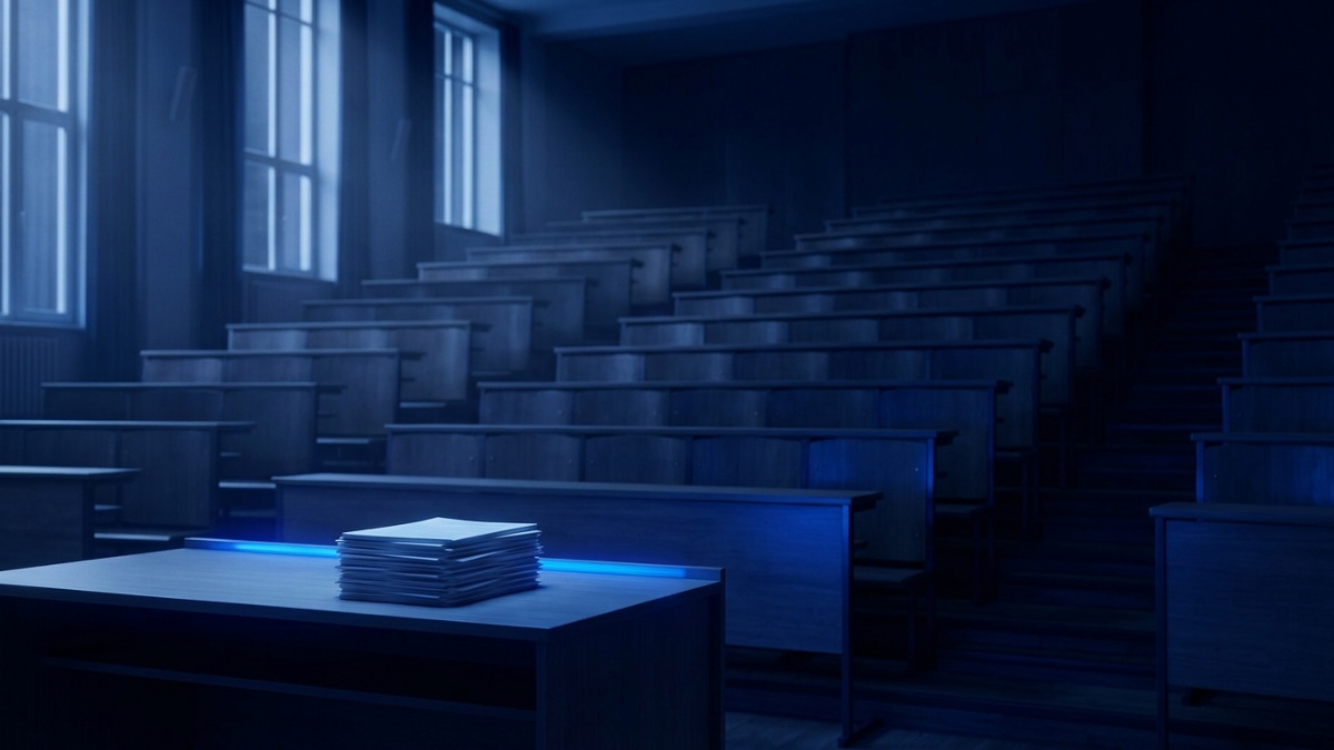 Un amphithéâtre universitaire vide au petit matin, une pile de copies sur la table — le cadre de l’expérience randomisée menée sur plus de 1 000 étudiants de la Bocconi