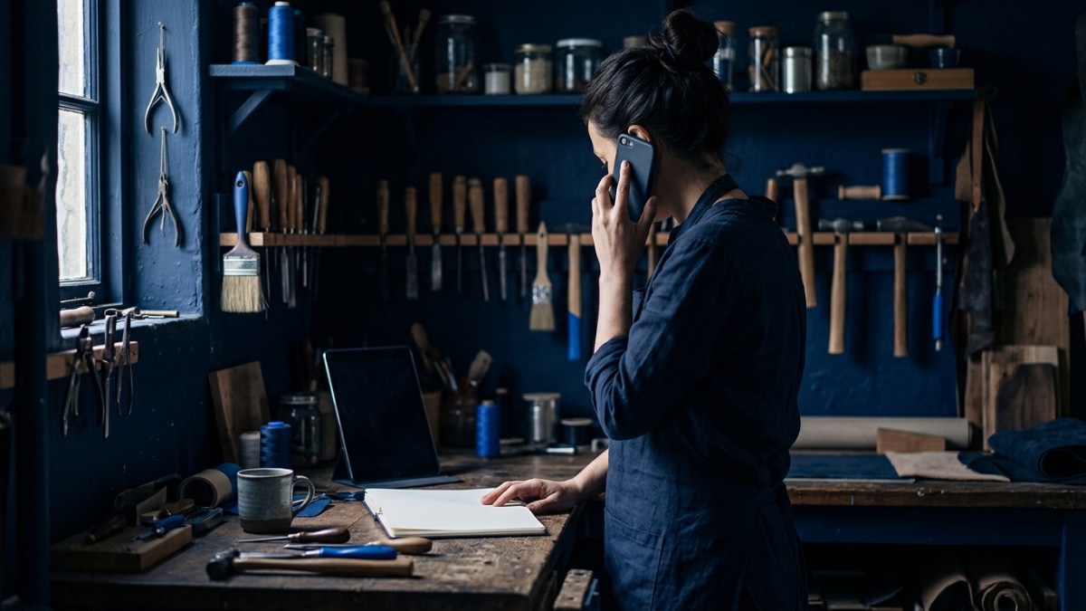Dans un petit atelier d’artisane en fin de matinée, une femme debout devant son établi tient le téléphone à l’oreille, l’autre main posée sur un carnet ouvert, une tablette appuyée contre le mur à côté d’elle : la liste et les notes viennent de l’IA, l’appel reste le sien