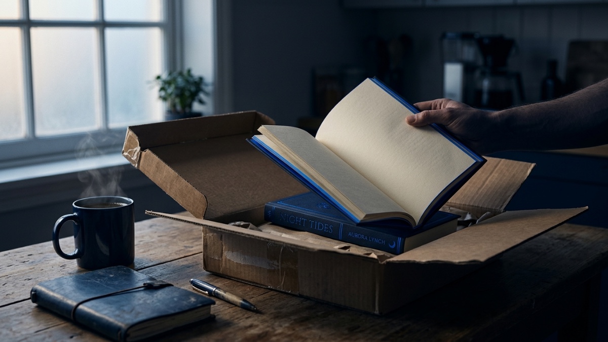 Sur une table de cuisine au petit matin, un carton d’expédition ouvert ; deux mains tiennent ouvert le premier exemplaire broché d’un livre à la lumière d’une fenêtre, à côté d’une tasse et d’un carnet de notes