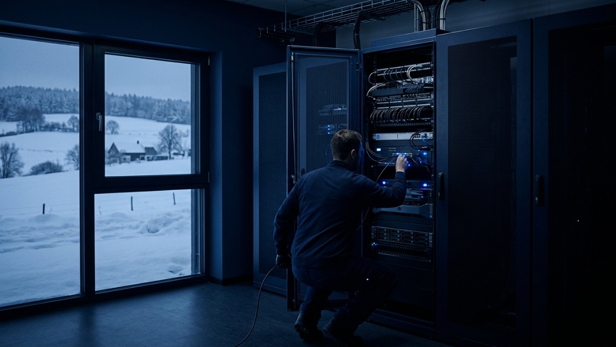 Un local technique d’entreprise, une armoire de serveurs ouverte, un technicien de dos qui branche un câble, la fenêtre donne sur un paysage de campagne enneigée