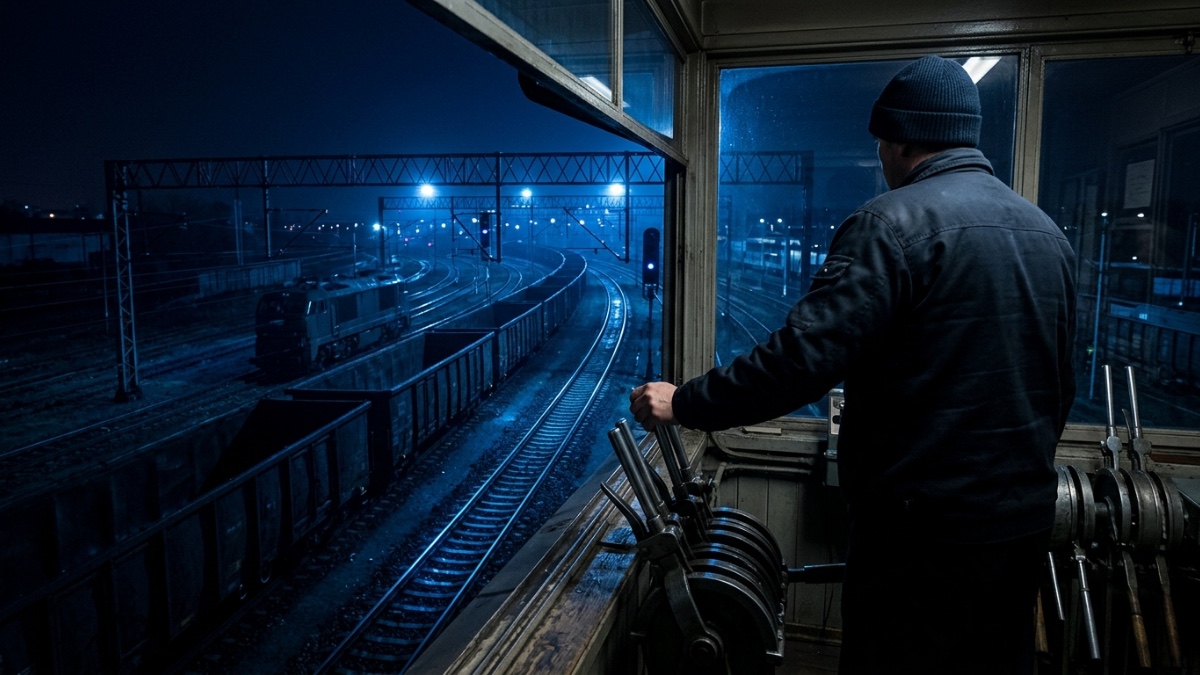 Un aiguilleur dans sa cabine vitrée, la nuit, la main posée sur un grand levier, observe un train de marchandises qui s’engage sur la voie : l’humain garde la main sur une machine qui roule seule