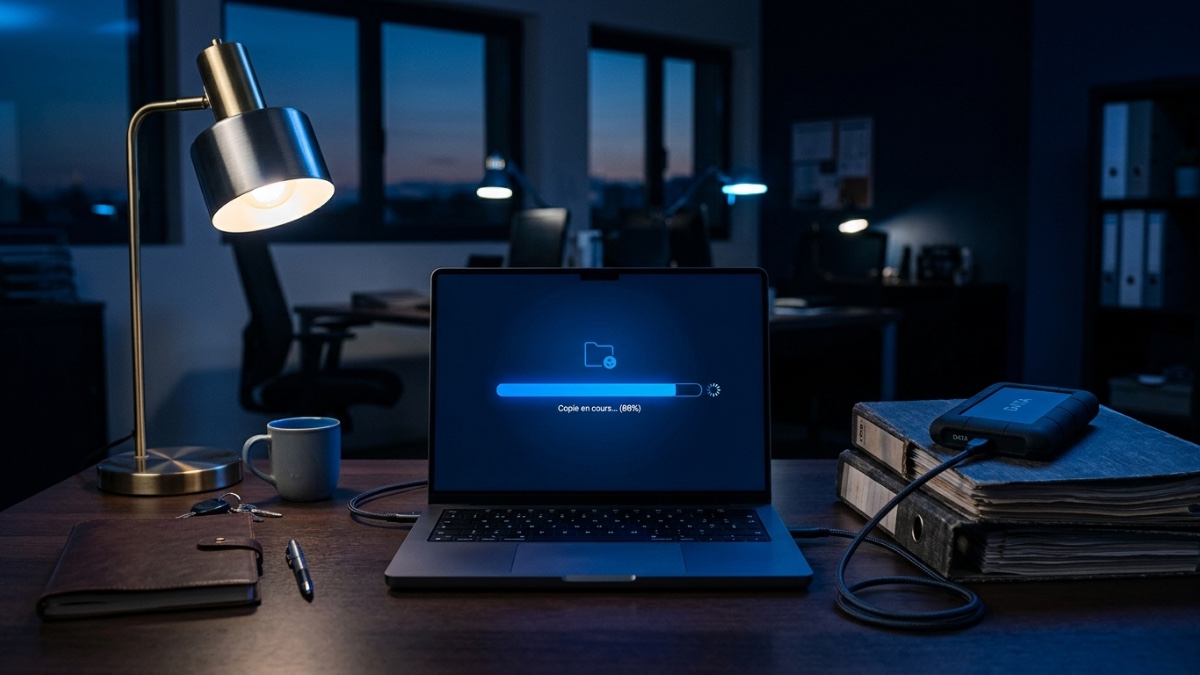 Un bureau de PME en fin de journée : un ordinateur portable relié par un câble à un disque dur externe posé sur une pile de classeurs, un transfert en cours, la lampe allumée