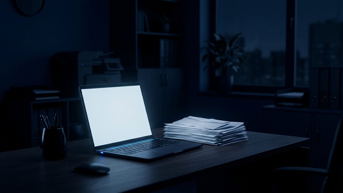 Un ordinateur portable allumé éclaire une pile de factures dans un bureau le soir — l’arbitrage entre le coût des modèles d’IA et les tâches qu’on leur confie